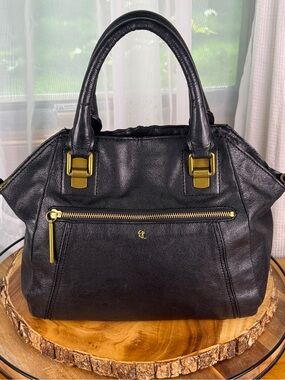 Elliott Lucca Black Pebbled Leather Satchel Bag Handbag Gold Hardware